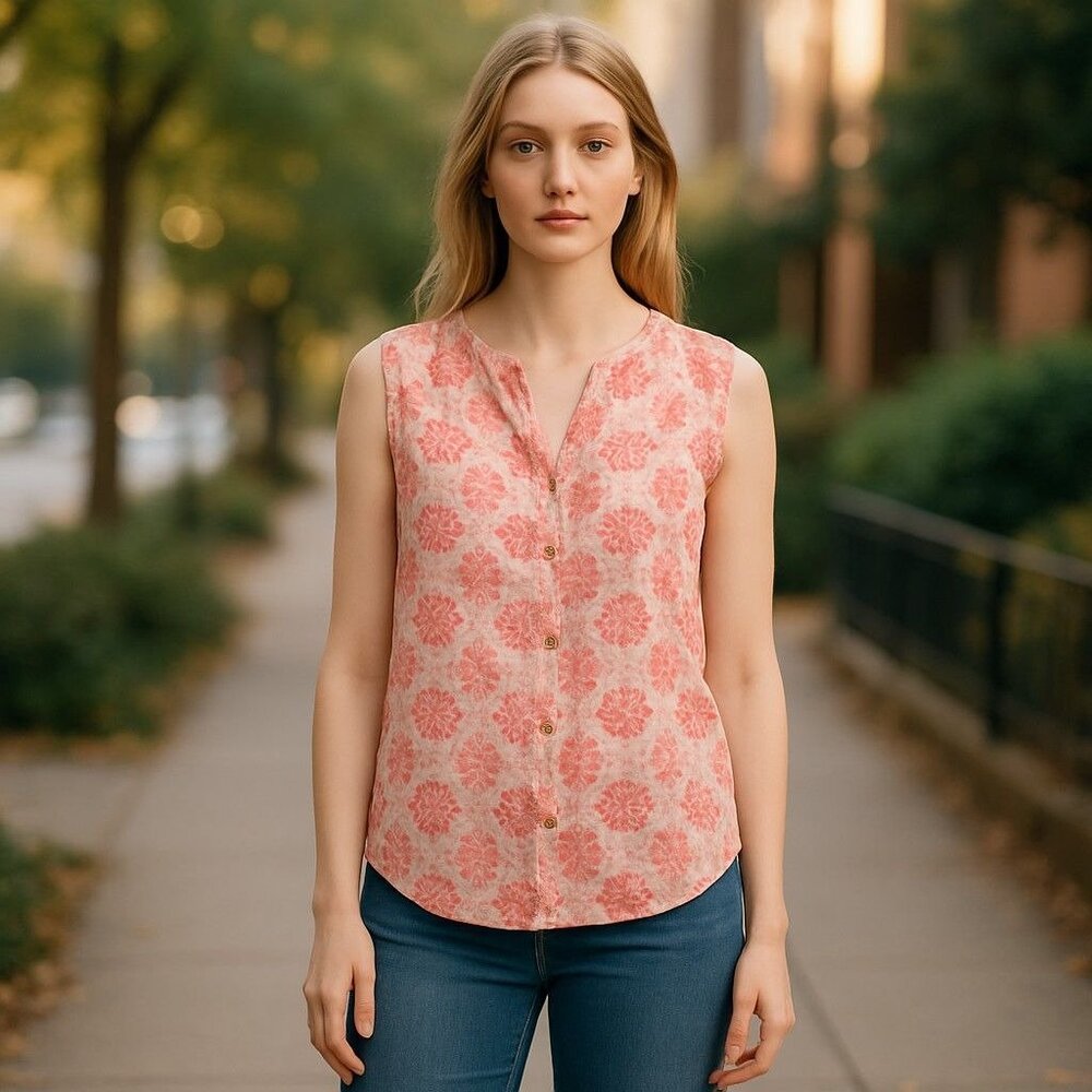 Emily Daniels Sleeveless Pink & White Floral Button-Up Blouse L